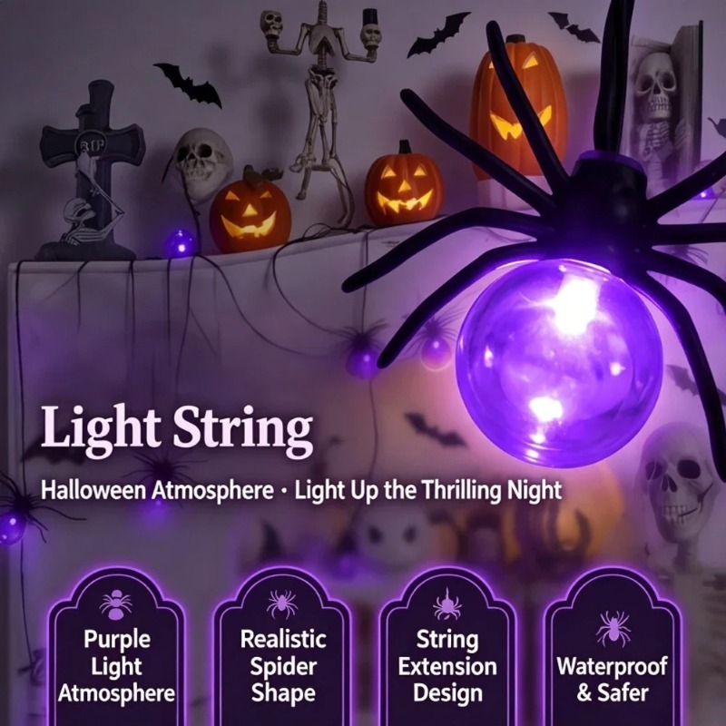 Outdoor Lighting And Decor - Batteriebetriebene Spinnen-LED-Lichterkette, Halloween-Außendekoration für Garten und