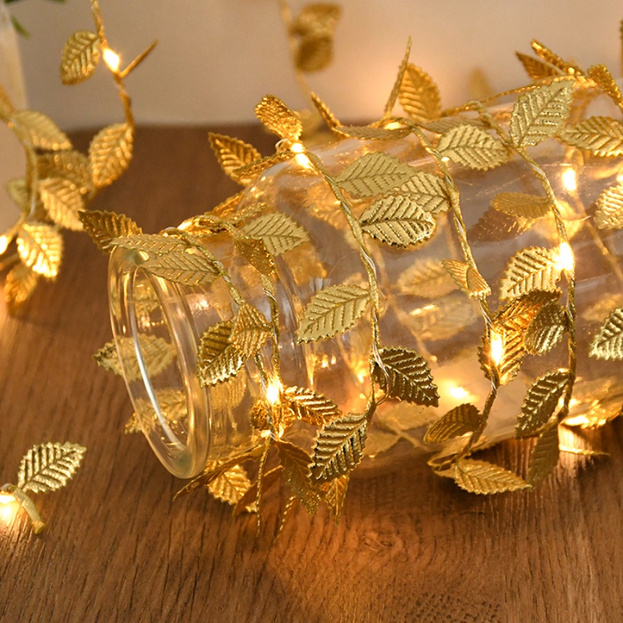 Outdoor Lighting No Wiring - Goldene Blatt-Rattan-Kupferdraht-Lichterkette, batteriebetrieben, für Weihnachten, Hochzeit,