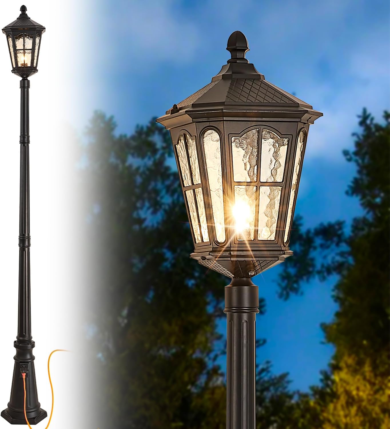 Outdoor Yard Lighting Fixtures - Wasserdichte Außen-Pfahlleuchte mit Steckdose, Dämmerungssensor, Vintage-Schwarz,