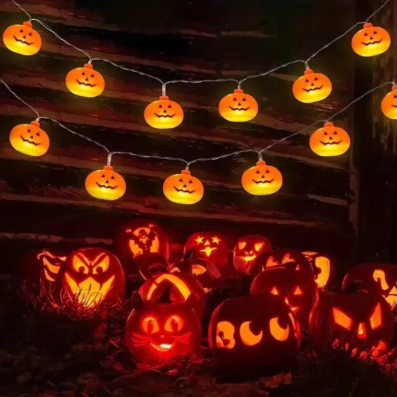 Outdoor Lighting Halloween - Kürbis-Halloween-Lichterkette 20LED Batteriebetriebene Jack-o'-Lantern, Orange Girlande